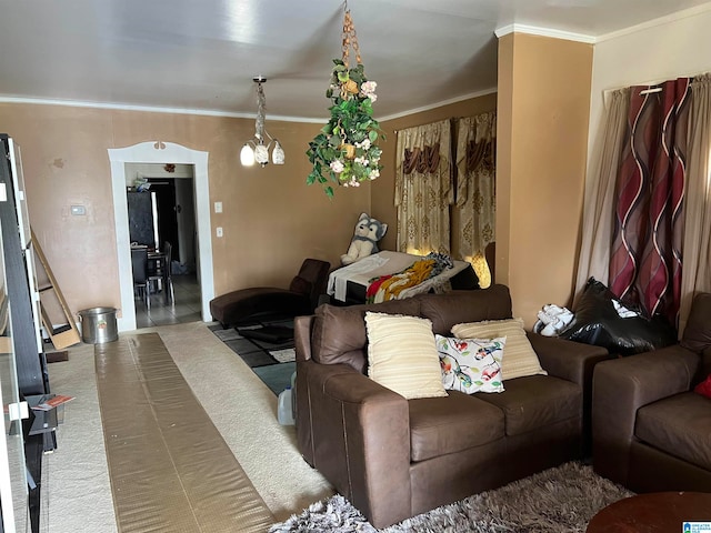 living room featuring crown molding