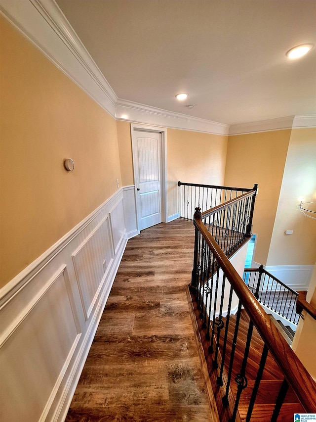 hall featuring crown molding and dark hardwood / wood-style floors