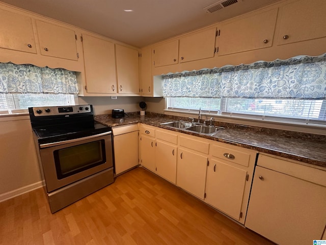 kitchen with light hardwood / wood-style flooring, stainless steel electric range, and sink