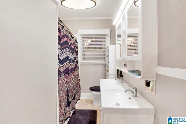 bathroom with vanity, crown molding, and toilet