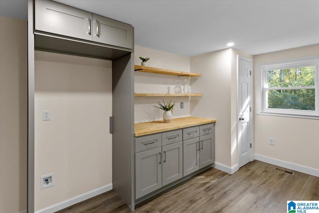 interior space featuring light hardwood / wood-style flooring, butcher block counters, and gray cabinetry