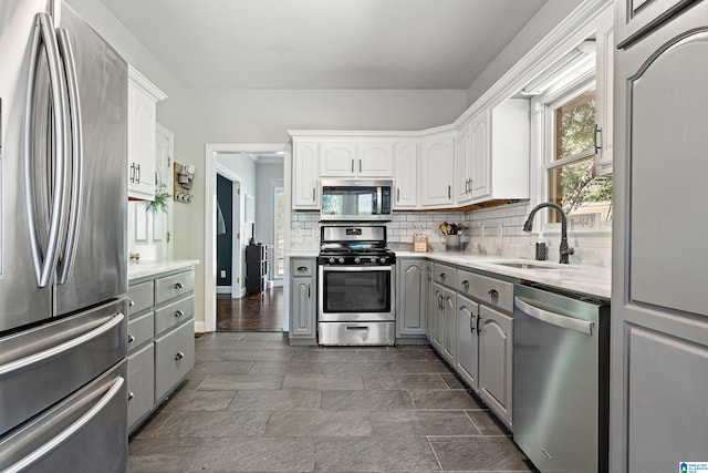 kitchen featuring white cabinets, appliances with stainless steel finishes, sink, and gray cabinetry