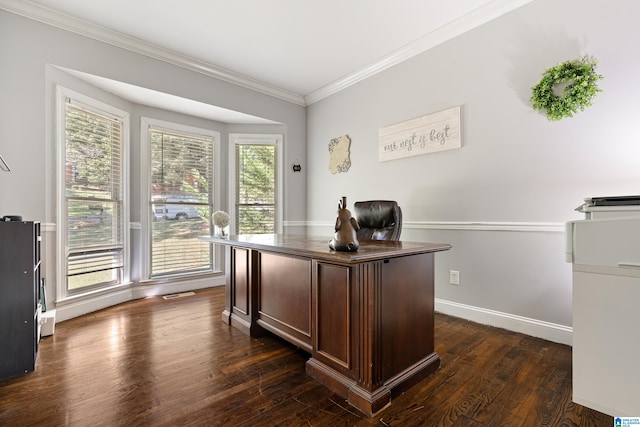 office with crown molding, a wealth of natural light, and dark hardwood / wood-style floors