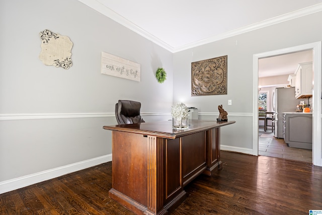 office space featuring dark wood-type flooring and crown molding