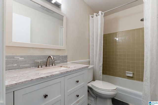 full bathroom featuring shower / bathtub combination with curtain, backsplash, vanity, and toilet