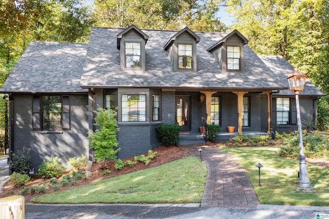 cape cod-style house with a front yard and a porch