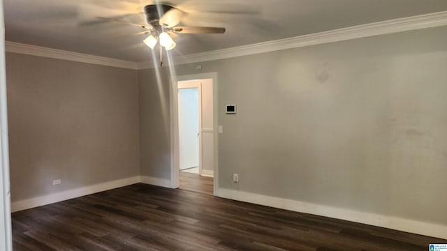 unfurnished room with ceiling fan, ornamental molding, and dark wood-type flooring