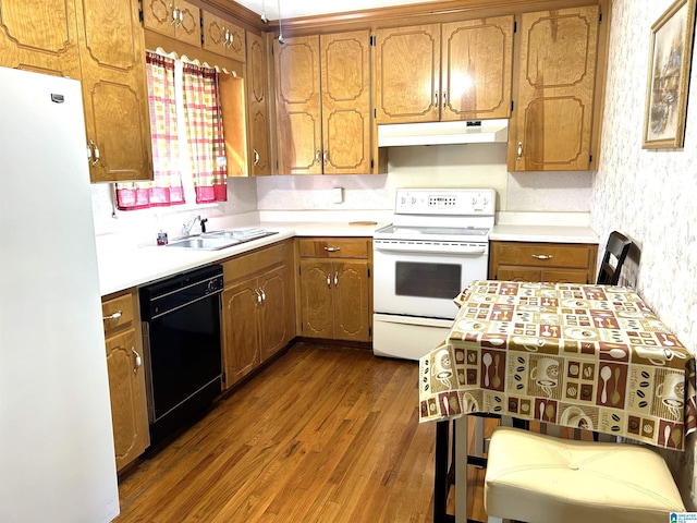 kitchen featuring sink, dark hardwood / wood-style flooring, and white appliances