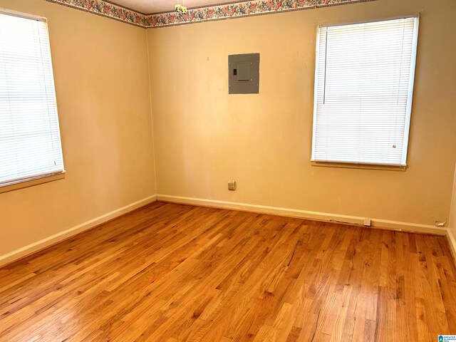 empty room featuring electric panel and light hardwood / wood-style flooring