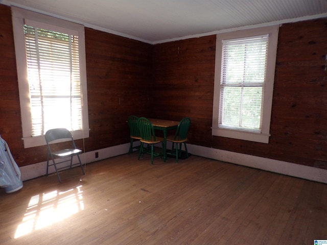 interior space with wooden walls, wood finished floors, and a wealth of natural light