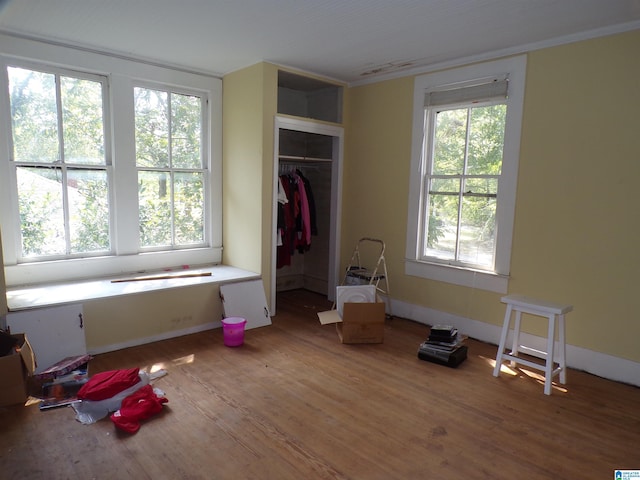 unfurnished bedroom featuring hardwood / wood-style flooring, a closet, and multiple windows