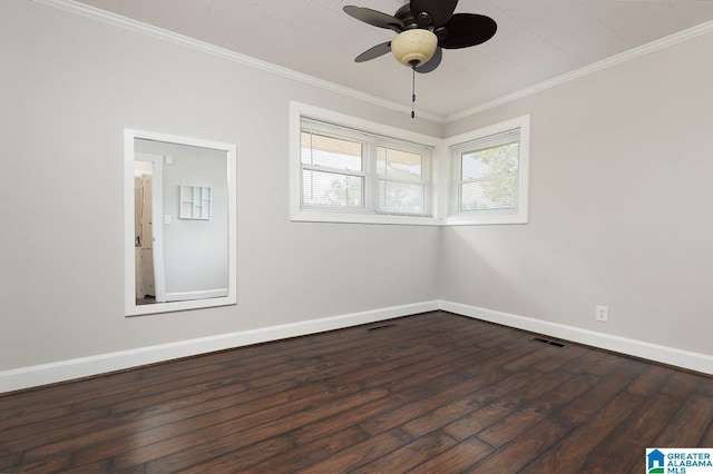 unfurnished room with ceiling fan, dark hardwood / wood-style floors, and crown molding