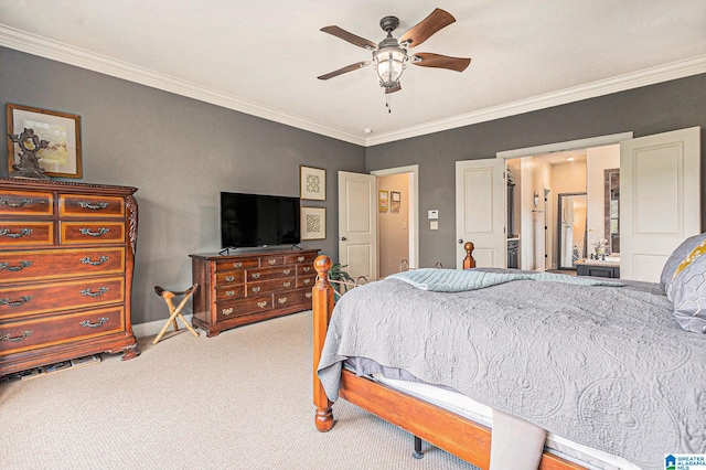 carpeted bedroom featuring ceiling fan and ornamental molding