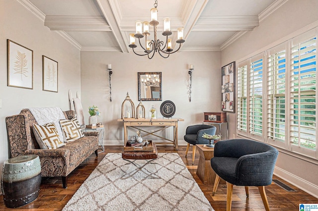 living area with ornamental molding, beam ceiling, dark wood-type flooring, a chandelier, and coffered ceiling