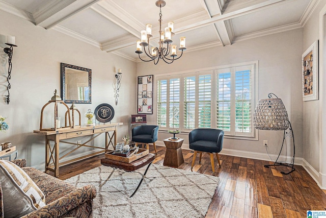 sitting room featuring coffered ceiling, ornamental molding, plenty of natural light, and dark hardwood / wood-style floors