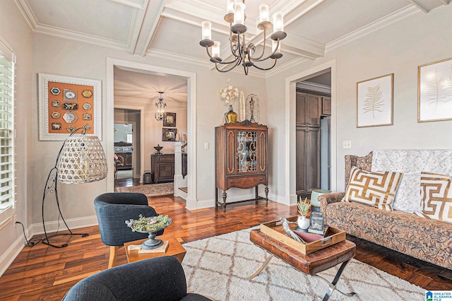 living room with beam ceiling, coffered ceiling, dark hardwood / wood-style floors, and crown molding