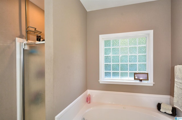 bathroom with plus walk in shower and a wealth of natural light