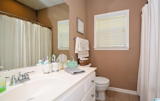 bathroom featuring vanity, toilet, and tile patterned flooring