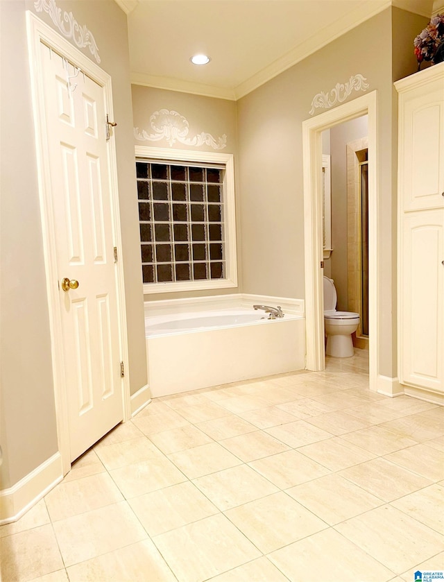 bathroom with toilet, ornamental molding, tile patterned floors, and separate shower and tub