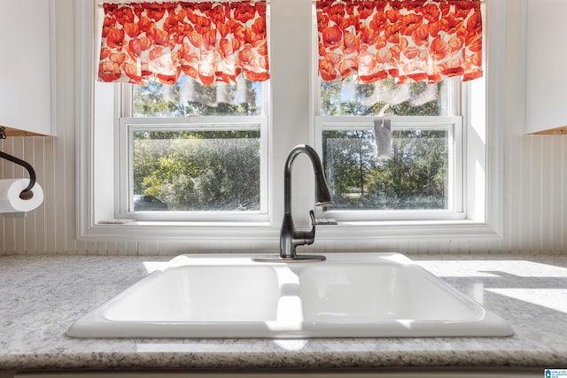 interior details with light stone countertops and sink