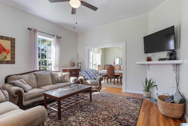 living room with hardwood / wood-style floors and ceiling fan