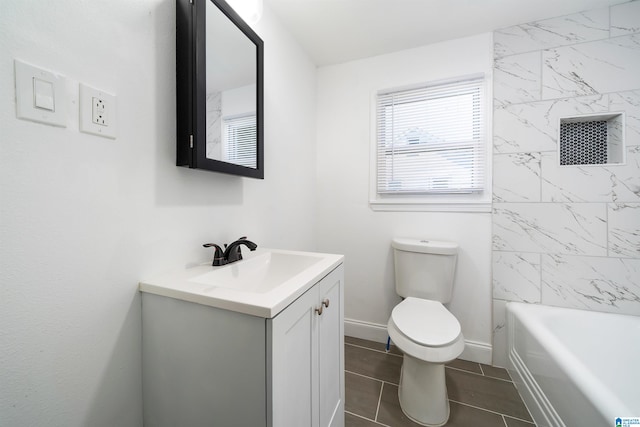 full bathroom with toilet, tile patterned flooring, vanity, and plus walk in shower