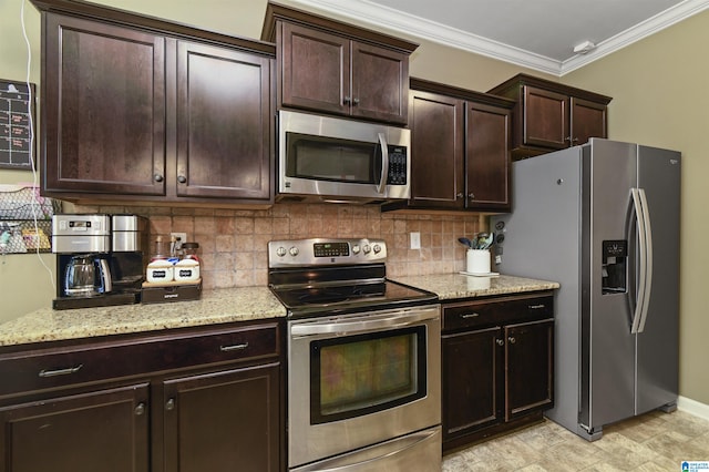 kitchen with backsplash, ornamental molding, dark brown cabinetry, and stainless steel appliances