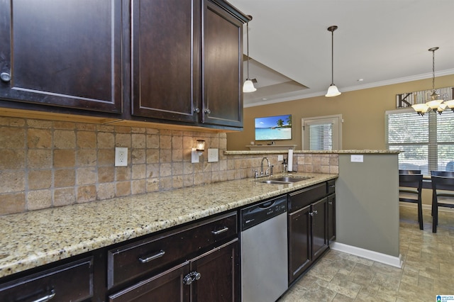 kitchen with pendant lighting, dishwasher, a chandelier, sink, and crown molding