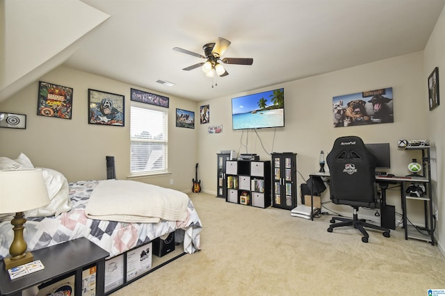 bedroom with carpet floors and ceiling fan