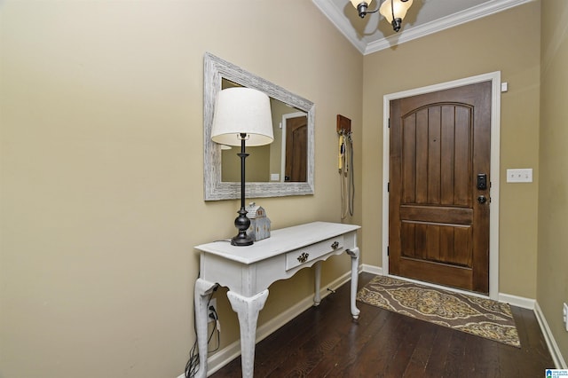 foyer featuring crown molding and dark wood-type flooring