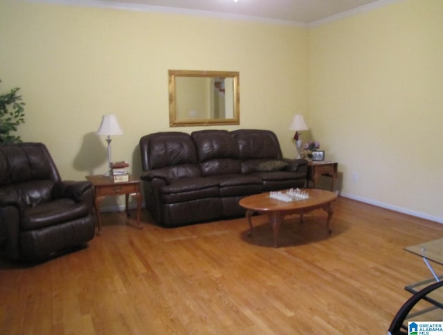 living room featuring wood-type flooring and crown molding