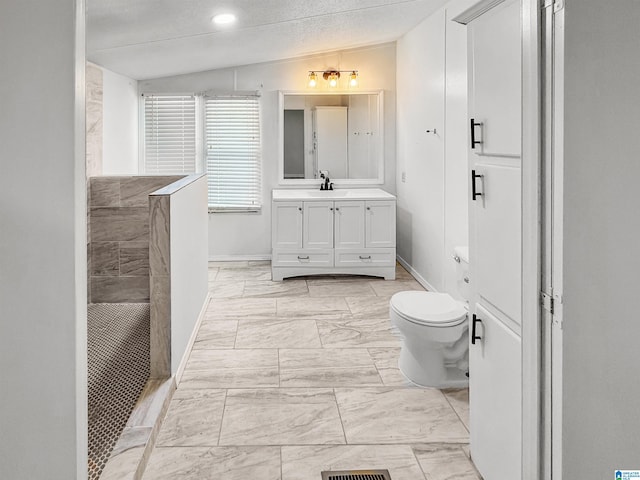 bathroom with vaulted ceiling, vanity, walk in shower, a textured ceiling, and toilet