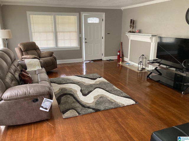 living room featuring crown molding and hardwood / wood-style floors