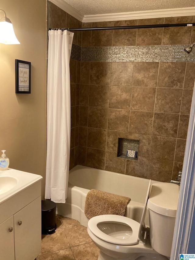 full bathroom with vanity, a textured ceiling, shower / bath combo, toilet, and tile patterned floors