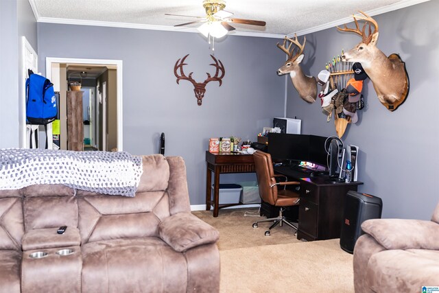 office with ceiling fan, light colored carpet, a textured ceiling, and ornamental molding