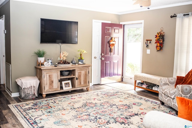 living room featuring dark hardwood / wood-style floors and crown molding