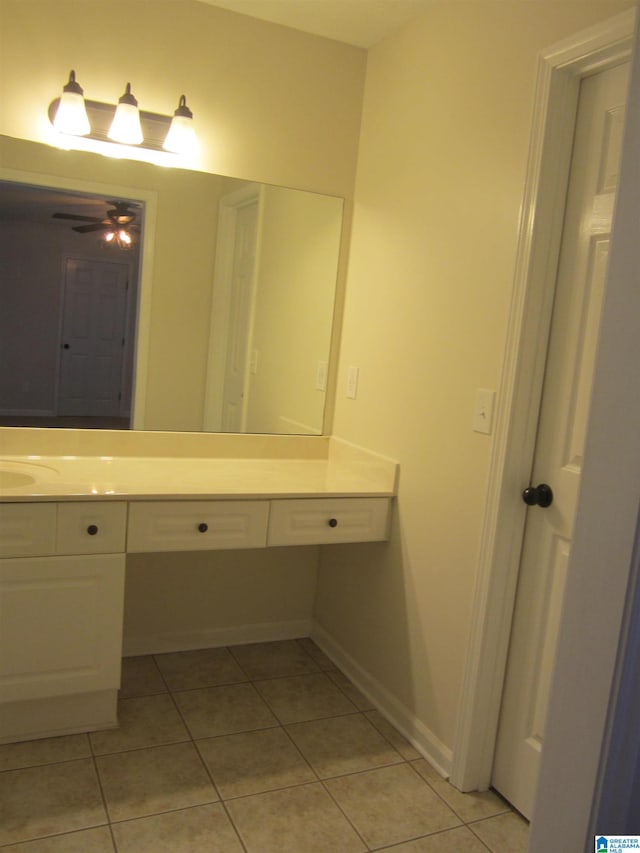 bathroom featuring ceiling fan, vanity, and tile patterned flooring