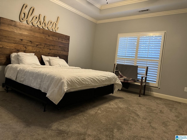 bedroom with carpet floors and ornamental molding