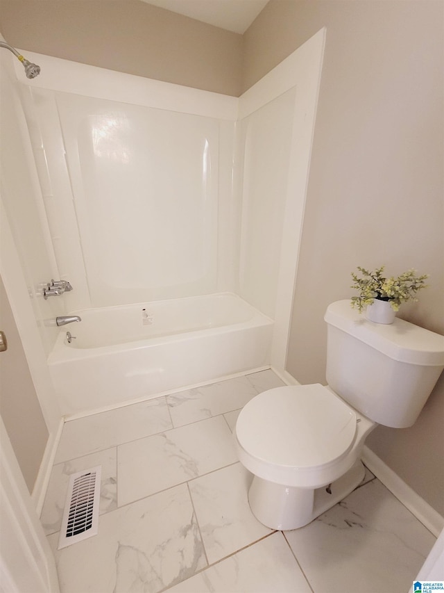 full bath with tub / shower combination, marble finish floor, baseboards, and visible vents