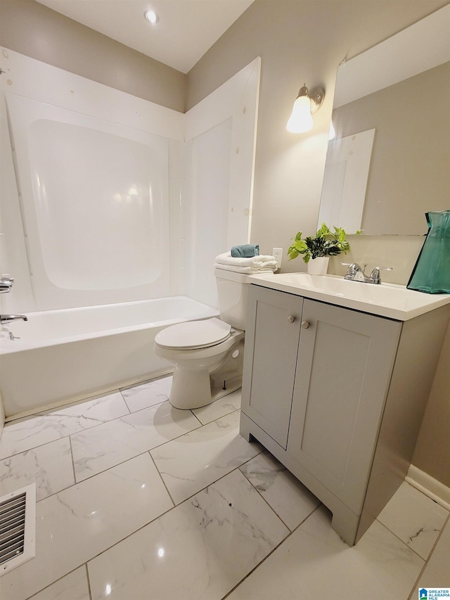 full bathroom with vanity, shower / tub combination, toilet, visible vents, and marble finish floor