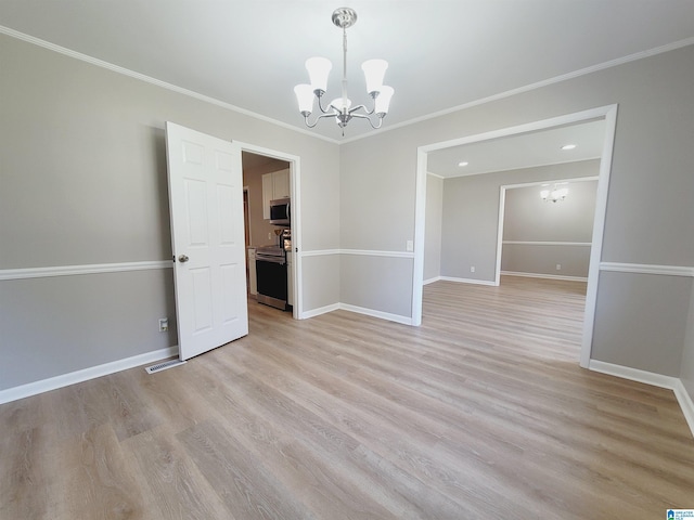 unfurnished room with baseboards, light wood-type flooring, and a chandelier