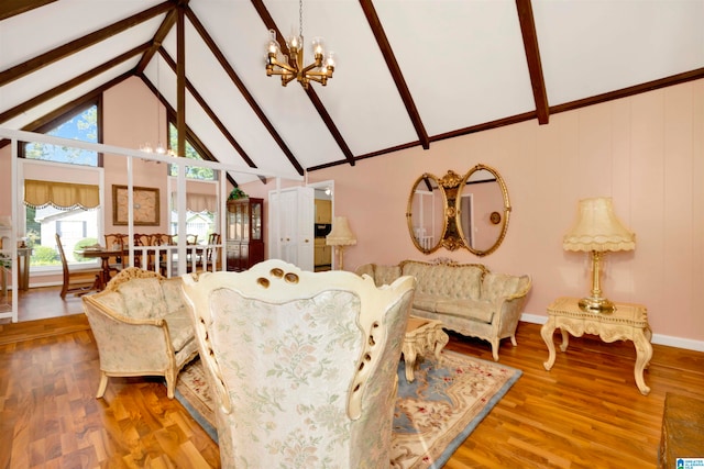 living room with wood-type flooring, beamed ceiling, a chandelier, and high vaulted ceiling