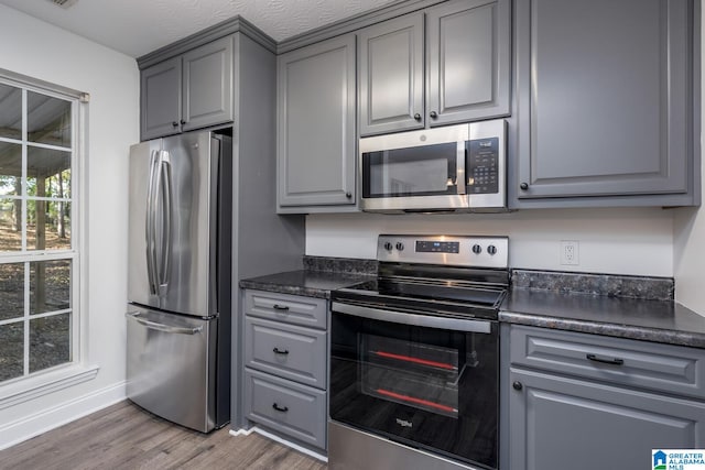 kitchen with appliances with stainless steel finishes, gray cabinetry, dark wood-type flooring, and a textured ceiling