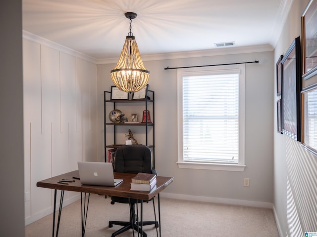 carpeted office featuring ornamental molding, a wealth of natural light, and an inviting chandelier