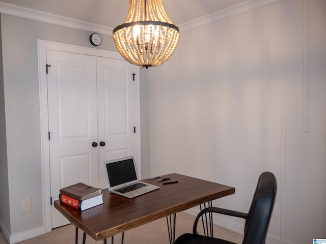 office with crown molding and an inviting chandelier