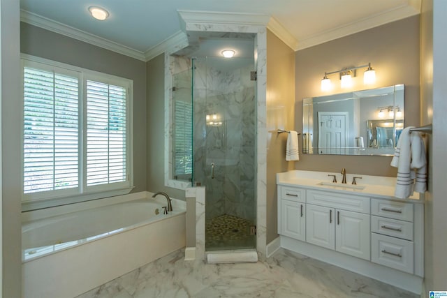 bathroom featuring crown molding, vanity, and shower with separate bathtub