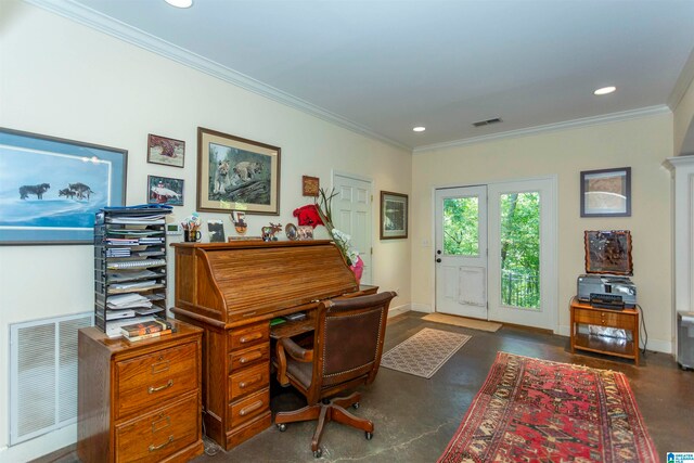 office space with crown molding and ornate columns