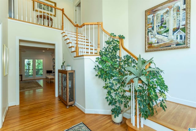 stairway with hardwood / wood-style flooring