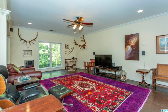 living room featuring crown molding, concrete flooring, and ceiling fan