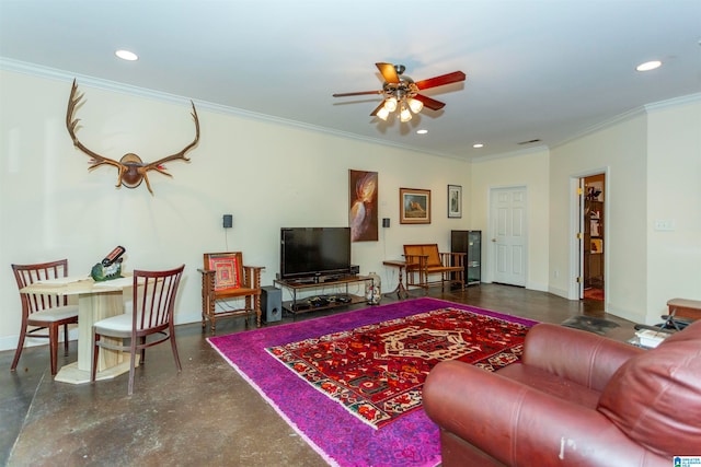 living room featuring crown molding and ceiling fan